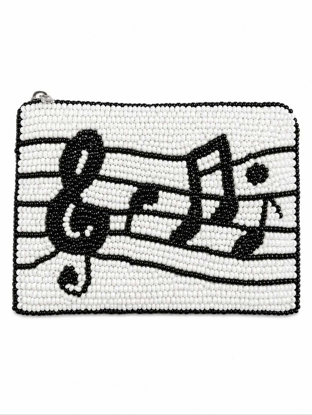 Vintage Heavily Beaded Monochrome Musical Notes Coin Card Junk Wallet